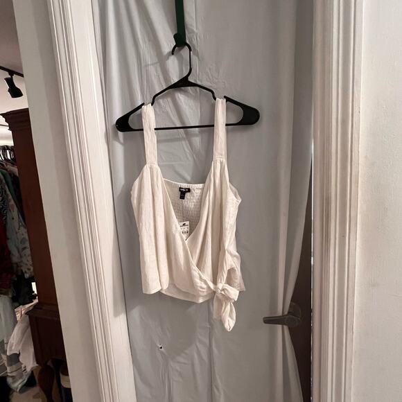 Express white faux wrap smocked back cropped top size large - Picture 1 of 6